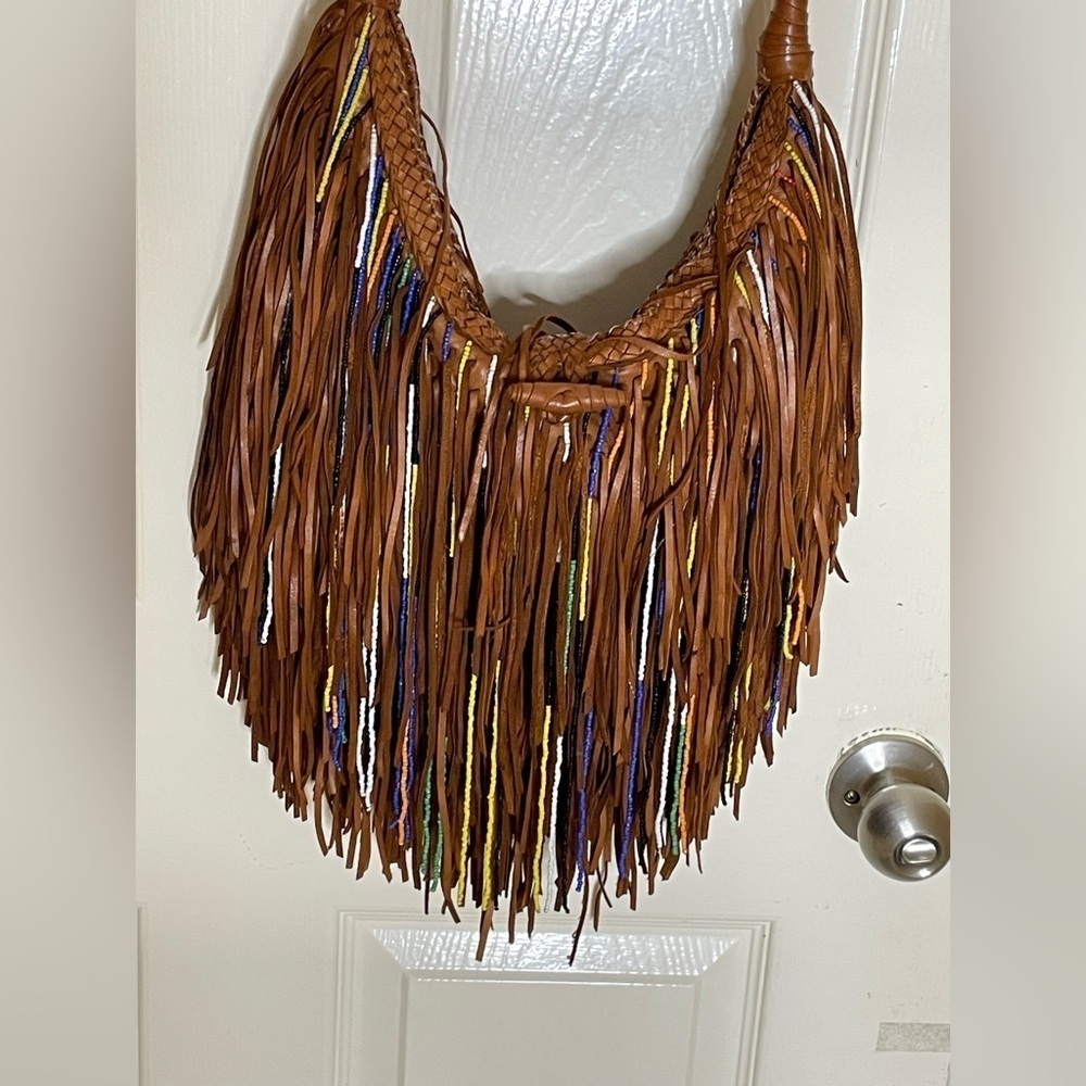 $498 EN SHALLA ANTHROPOLOGIE BROWN LEATHER FRINGE HIPPIE CROSSBODY SHOULDER BAG 